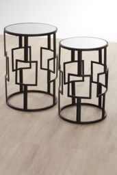 Orsina Set of 2 Symmetrical Black Square Tables With Mirrored Tops, Square Accent Tables, Iron Framed End Tables - thumbnail 2