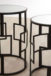 Orsina Set of 2 Symmetrical Black Square Tables With Mirrored Tops, Square Accent Tables, Iron Framed End Tables - thumbnail 3