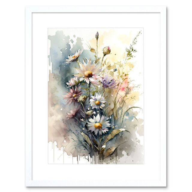 "Artery8 Wall Art Print Wild Flower Daisies in Bloom Modern Boho Watercolour Painting Artwork Framed 9X7 Inch in White - Size: W7"" x H9""" - image 1