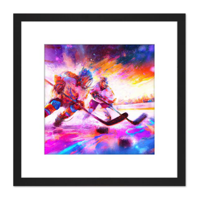 Artery8 Ice Hockey Players Battle For Puck Bright Winter Sport Oil Painting Square Wooden Framed Wall Art Print Picture 8X8 Inch in Black - image 1