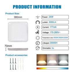 ExtraStar 24W LED Square Ceiling Light CCT Colour Changing -Warm, Neutral, Daylight, 3000 Lumen in White - thumbnail 3