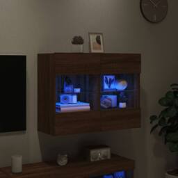 Berkfield Home TV Wall Cabinet with LED Lights Brown Oak 78.5x30x60.5 cm - thumbnail 4