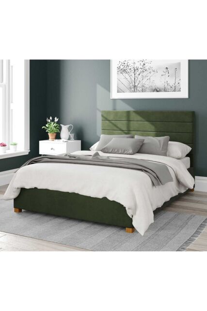 Aspire Kelly Upholstered Ottoman Storage Bed, Plush Velvet Fabric in Dark Olive - Size: King - image 1