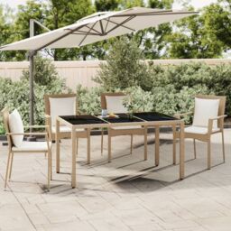 Berkfield Home Garden Table with Glass Top Beige Poly Rattan&Tempered Glass