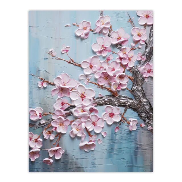 Artery8 Cherry Blossom Splendor Delicate Elegant Pink & Soft Blue Oil Painting Large Wall Unframed Art Poster Print Thick Paper 18X24 Inch - image 1