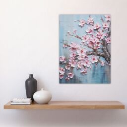 Artery8 Cherry Blossom Splendor Delicate Elegant Pink & Soft Blue Oil Painting Large Wall Unframed Art Poster Print Thick Paper 18X24 Inch - thumbnail 4