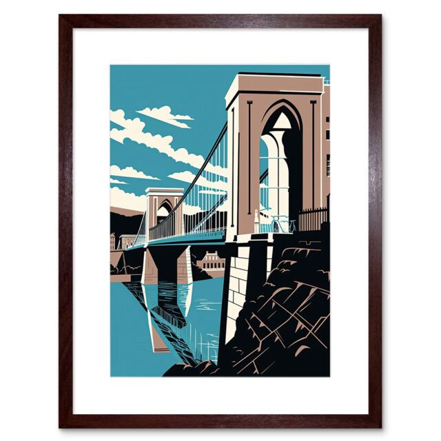 "Artery8 Wall Art Print Clifton Suspension Bridge Tan Brown Blue Linocut Artwork Framed 9X7 Inch - Size: W7"" x H9""" - image 1
