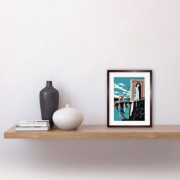 "Artery8 Wall Art Print Clifton Suspension Bridge Tan Brown Blue Linocut Artwork Framed 9X7 Inch - Size: W7"" x H9""" - thumbnail 2