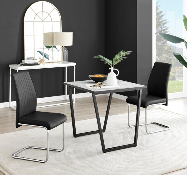 FurnitureboxUK Carson White Marble Effect Square Dining Table & 2 Faux Leather Lorenzo Chairs in Black