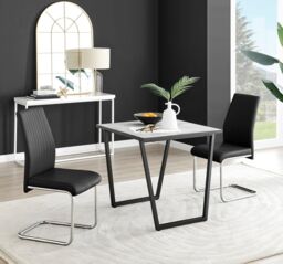 FurnitureboxUK Carson White Marble Effect Square Dining Table & 2 Faux Leather Lorenzo Chairs in Black