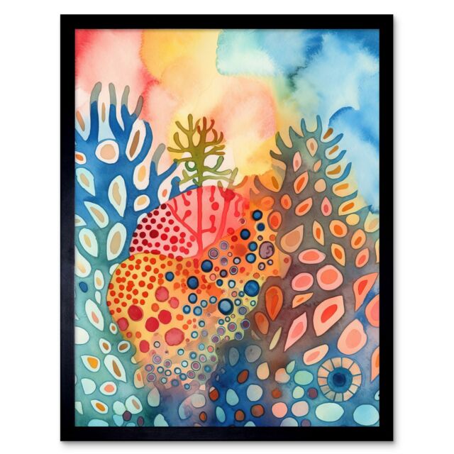 "Artery8 Wall Art Print Coral Reef Folk Art Watercolour Painting Art Framed in Black - Size: W12"" x H16""" - image 1