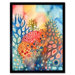 "Artery8 Wall Art Print Coral Reef Folk Art Watercolour Painting Art Framed in Black - Size: W12"" x H16""" - thumbnail 1