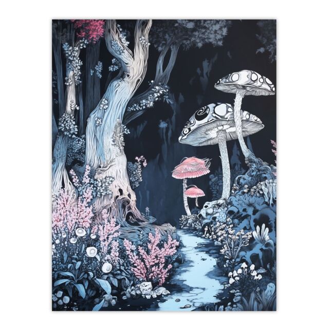 "Artery8 Magical Forest Mushroom Wildflower Path Fantasy Wall Art Print in Blue - Size: W12"" x H16""" - image 1