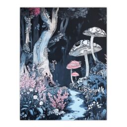 "Artery8 Magical Forest Mushroom Wildflower Path Fantasy Wall Art Print in Blue - Size: W12"" x H16""" - thumbnail 1