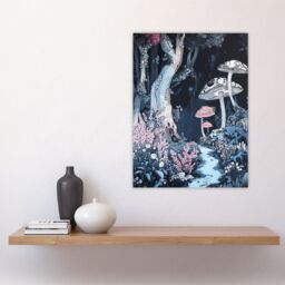 "Artery8 Magical Forest Mushroom Wildflower Path Fantasy Wall Art Print in Blue - Size: W12"" x H16""" - thumbnail 4