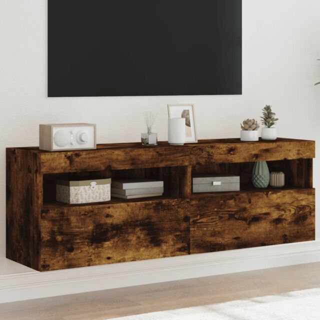 Berkfield Home TV Wall Cabinets with LED Lights 2 pcs Smoked Oak 60x30x40 cm in Brown - Size: 60 x 30 x 40 cm - image 1