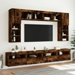 Berkfield Home TV Wall Cabinets with LED Lights 2 pcs Smoked Oak 60x30x40 cm in Brown - Size: 60 x 30 x 40 cm - thumbnail 6