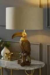 ValueLights Tuki Toucan Velvet Metallic Drum Lamp Shade Bronze Table Lamp & Bulb in Beige - thumbnail 2