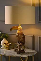 ValueLights Tuki Toucan Velvet Metallic Drum Lamp Shade Bronze Table Lamp & Bulb in Beige - thumbnail 1