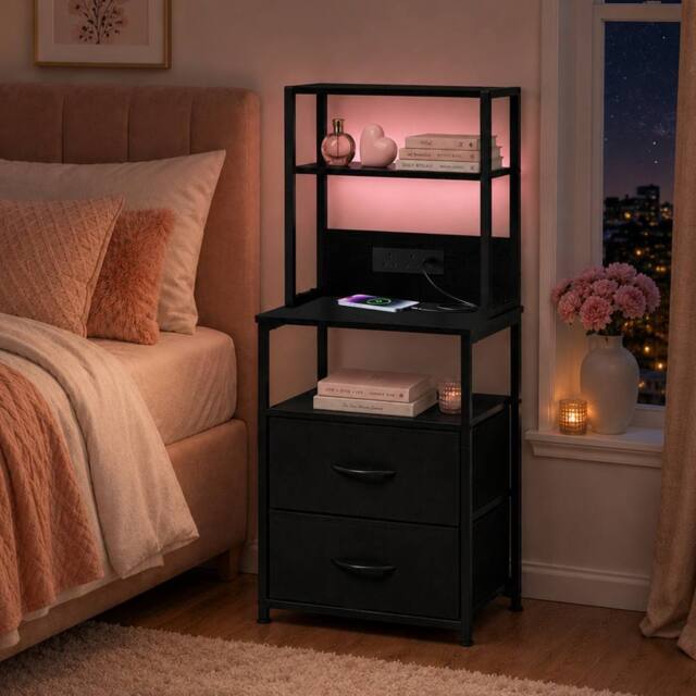Levede Bedside Table with Charging Station, LED Light, 2 Drawers, Black - image 1