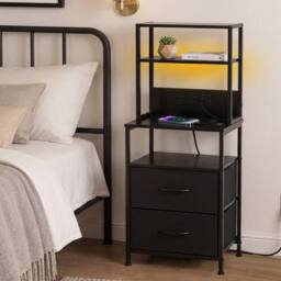 Levede Bedside Table with Charging Station, LED Light, 2 Drawers, Black - thumbnail 3
