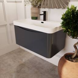 Balterley Arch Bathroom Wall Hung 1 Drawer Vanity, Ceramic Basin, Grey, 800mm in Grey - thumbnail 4