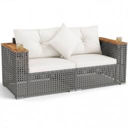 Costway 2PCS Patio Corner Sofa Set Garden Sectional Wicker Loveseat w/Cushions in Off-White