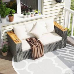 Costway 2PCS Patio Corner Sofa Set Garden Sectional Wicker Loveseat w/Cushions in Off-White - thumbnail 3