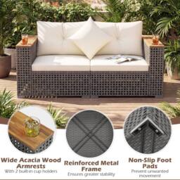Costway 2PCS Patio Corner Sofa Set Garden Sectional Wicker Loveseat w/Cushions in Off-White - thumbnail 5