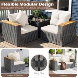 Costway 2PCS Patio Corner Sofa Set Garden Sectional Wicker Loveseat w/Cushions in Off-White - thumbnail 6