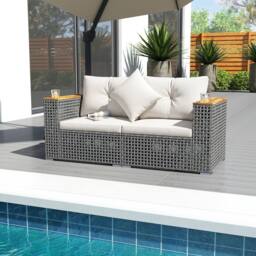 Costway 2PCS Patio Corner Sofa Set Garden Sectional Wicker Loveseat w/Cushions in Off-White - thumbnail 9