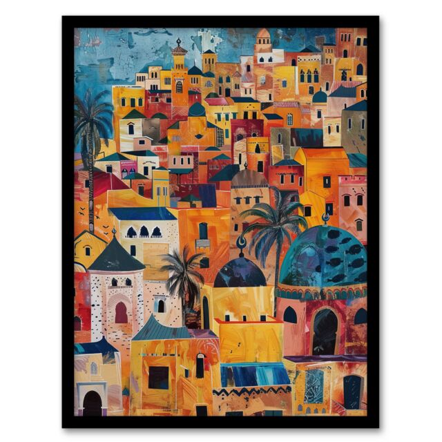 Artery8 Moroccan Cityscape Artwork Colourful Exotic Ochre Framed Art Print in Orange - Size: A4 - image 1