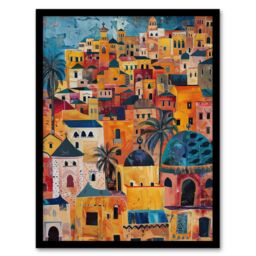 Artery8 Moroccan Cityscape Artwork Colourful Exotic Ochre Framed Art Print in Orange - Size: A4 - thumbnail 1