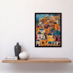 Artery8 Moroccan Cityscape Artwork Colourful Exotic Ochre Framed Art Print in Orange - Size: A4 - thumbnail 4