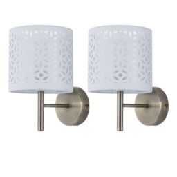 First Choice Lighting Set of 2 Brea - Antique Brass Wall Lights with White Cut Out Shade in Gold