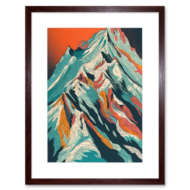"Artery8 Wall Art Print Mont Blanc Mountain Peak Linocut Artwork Framed 9X7 Inch in Brown - Size: W7"" x H9""" - image 1
