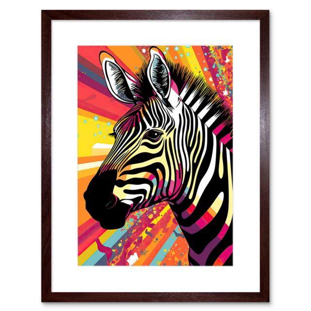 "Artery8 Wall Art Print Zebra Portrait Vibrant Colourful Stripes Bright Bold Psychedelic Rainbow Artwork Framed 9X7 Inch in Brown - Size: W7"" x H9""" - image 1