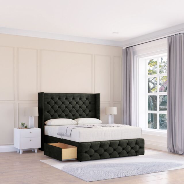 "Sloomy Luthor Dumfries Wingback Bed Set, No Drawers & 54"" Floor Standing Headboard in Black - Size: Small Double" - image 1