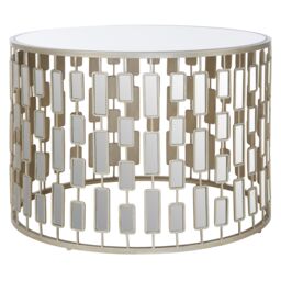 Orsina Glass Topped Coffee Table, Champagne Silver Finish Large Round Table, Modern Decorative Table, Accent Table