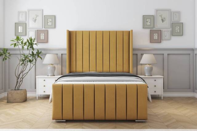 "Sloomy Kingsley Plush Bed Frame With 50"" Upholstered Headboard in Mustard - Size: Small Single" - image 1