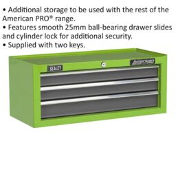 Loops 605 x 260 x 250mm GREEN 3 Drawer MID-BOX Tool Chest Lockable Storage Cabinet - thumbnail 2