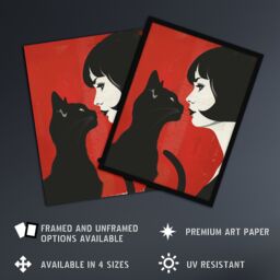 "Artery8 Black Cat Lover Lady & Pet Bold Red Retro Style Framed Wall Art - Size: W12"" x H16""" - thumbnail 2