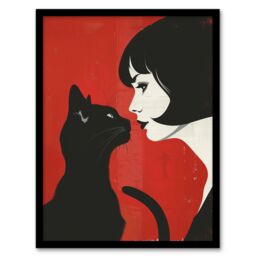 "Artery8 Black Cat Lover Lady & Pet Bold Red Retro Style Framed Wall Art - Size: W12"" x H16""" - thumbnail 1