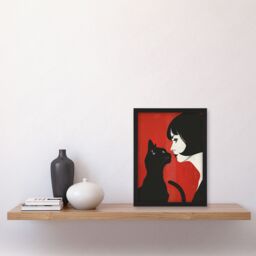"Artery8 Black Cat Lover Lady & Pet Bold Red Retro Style Framed Wall Art - Size: W12"" x H16""" - thumbnail 4