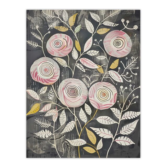 "Artery8 Rose Flowers Pink Grey Folk Art Patterns Wall Art Print - Size: W24"" x H32""" - image 1