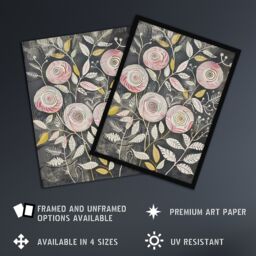 "Artery8 Rose Flowers Pink Grey Folk Art Patterns Wall Art Print - Size: W24"" x H32""" - thumbnail 2