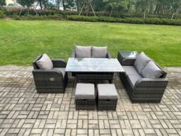 Fimous Lounge Rattan Sofa Set Outdoor Garden Furniture Oblong Rectangular Dining Table With Chairs Side Table Footstools Dark Grey Mixed - thumbnail 1