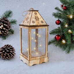 mysmartbuy Pre-Lit Wooden Christmas Lantern with Snowflake Cut-Out & LED String Lights - Standing or Hanging Festive Decoration in Brown - thumbnail 1