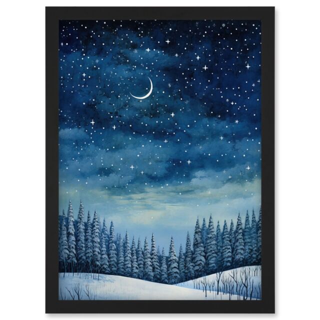 Artery8 Wall Art Print Clear Sky Starry Night in Forest Covered with Snow Oil Painting Crescent Moon Winter Landscape Artwork Framed A4 in Black - image 1