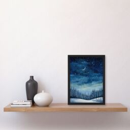 Artery8 Wall Art Print Clear Sky Starry Night in Forest Covered with Snow Oil Painting Crescent Moon Winter Landscape Artwork Framed A4 in Black - thumbnail 2